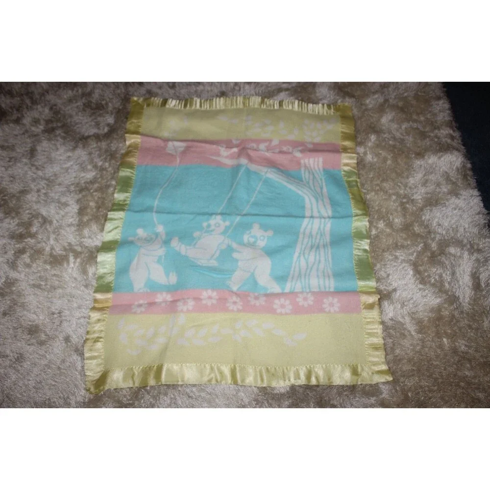 Vintage Baby Crib Blanket Yellow Teddy Bears On A Swing Satin Edge 35x43